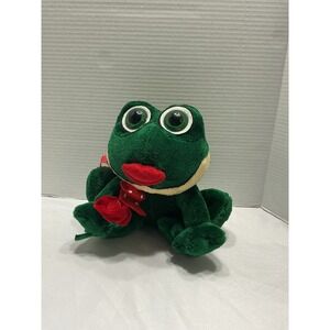 Vintage Green Frog Plush Valentine Red Rose Heart Bow Stuffed Animal 69974